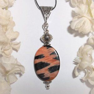 Animal Print Beaded Necklace Silver Orange Black Unique Handmade Jewelry 6870